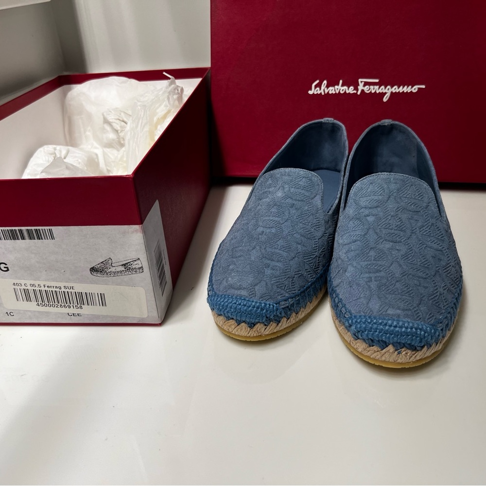 Salvatore Ferragamo blue logo embossed suede sue espadrille flats